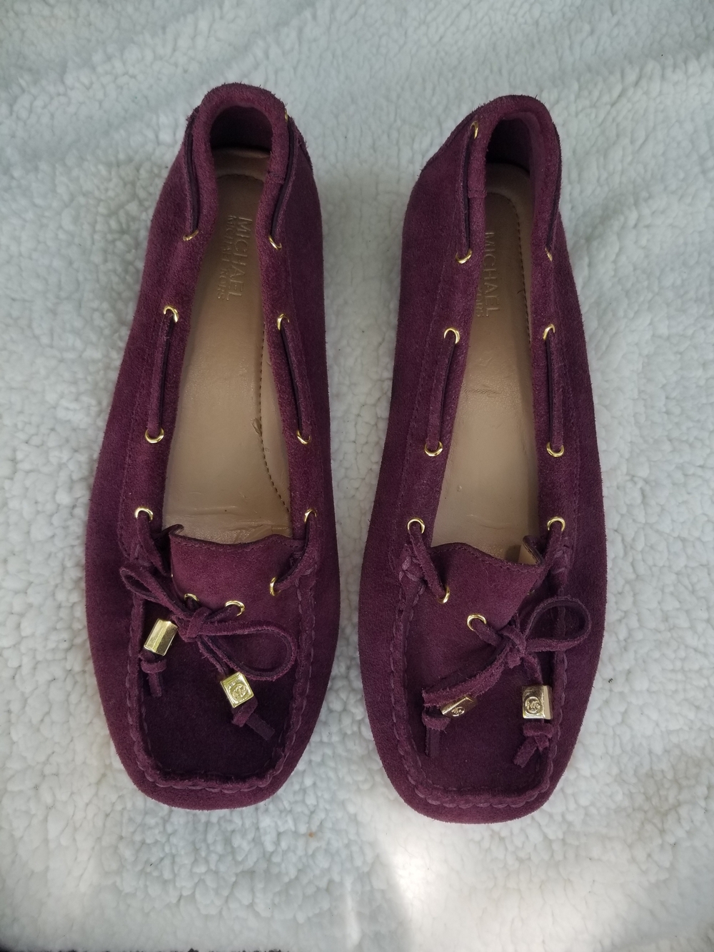 Michael Kors Burgundy Suede Moccasin Loafers with Gold Accents
